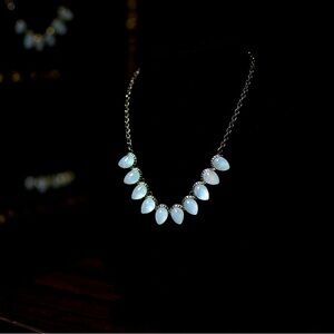 🩶Charming Charlie white milk glass teardrop stones /black cz, pewter chain ⛓️‍💥